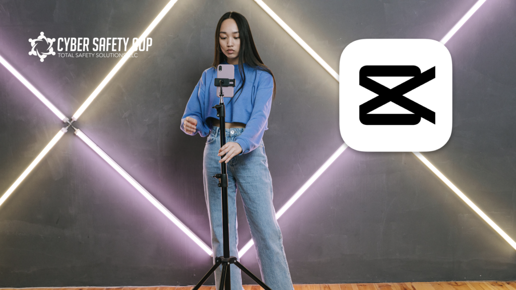 A young woman adjusts a smartphone on a tripod in front of a geometric neon light wall. The CapCut app logo and a "Cyber Safety Pop" company logo are visible on the image.