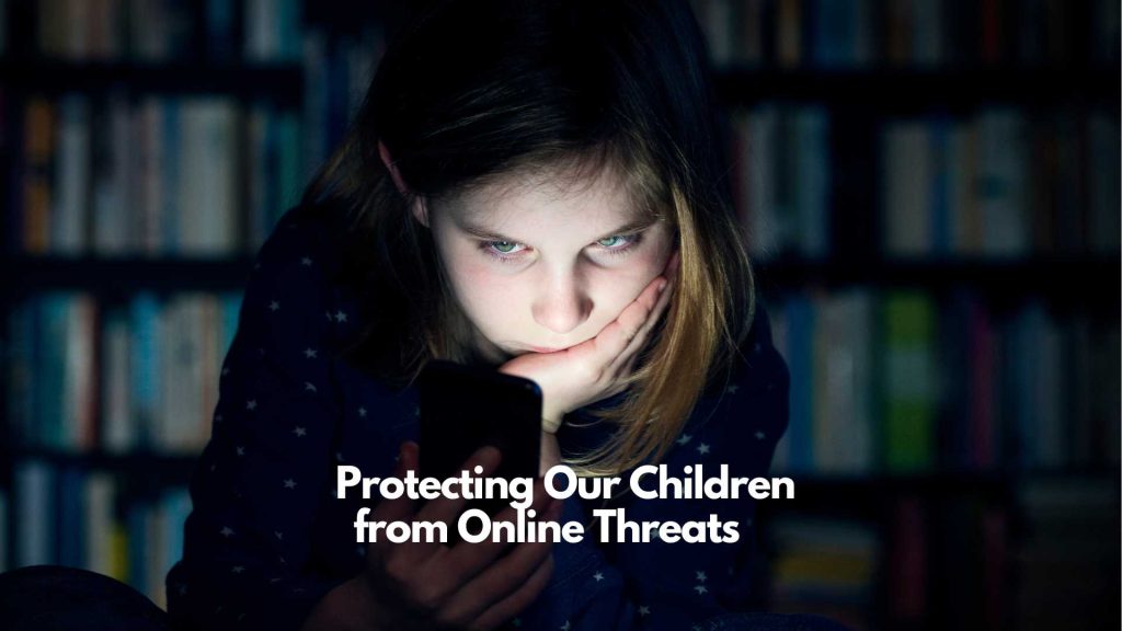 A young girl stares intently at a smartphone in a dark room, her face illuminated by the screen. The text reads, "Online Safety: Protecting Children from Online Threats." Bookshelves are blurred in the background.