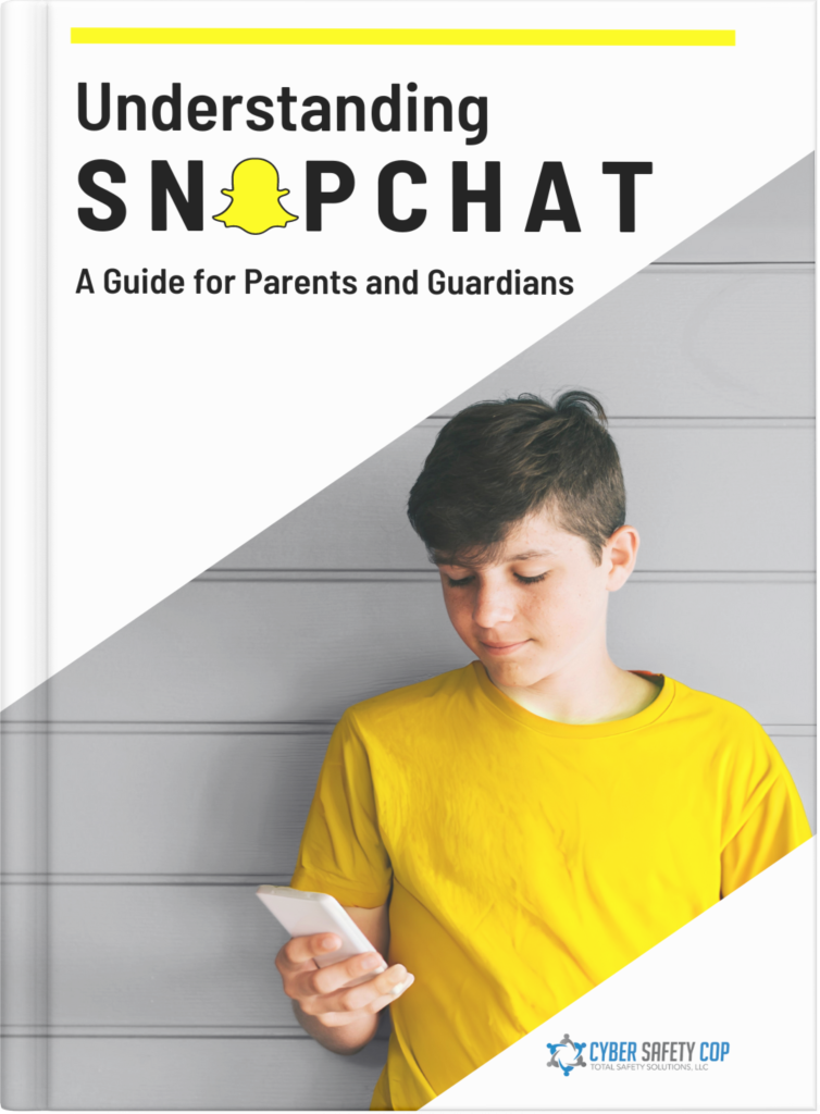 Book cover titled "Understanding Snapchat: A Guide for Parents and Guardians," featuring a teenage boy in a yellow shirt looking down at his phone, highlighting cyber safety with the Snapchat ghost logo.