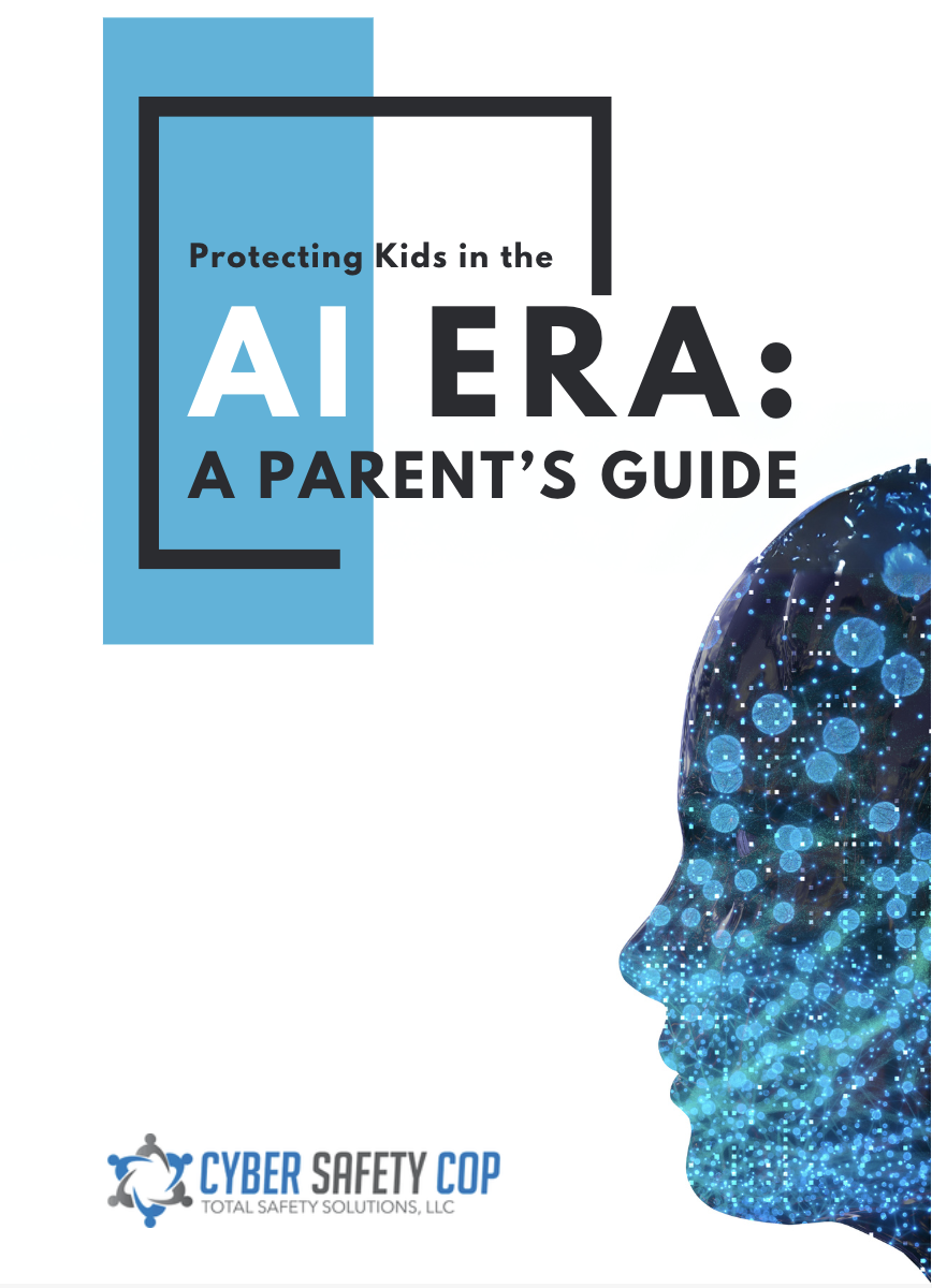 Cover of a guide titled "Protecting Kids in the AI Era: A Parent’s Guide," featuring a blue digital profile of a child’s head filled with glowing data and network patterns—highlighting cyber safety and digital security. Cyber Safety Cop logo at the bottom.