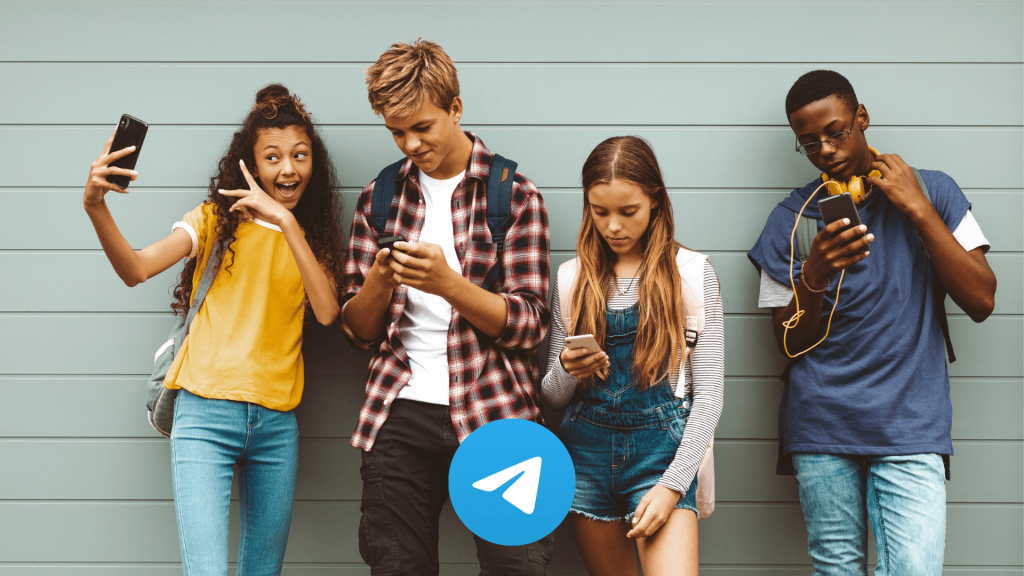 Four teenagers stand against a wall using smartphones. One girl takes a selfie, another looks at her phone, while two boys are also focused on their devices. The Telegram logo appears at the bottom center, highlighting Telegram safety and features.