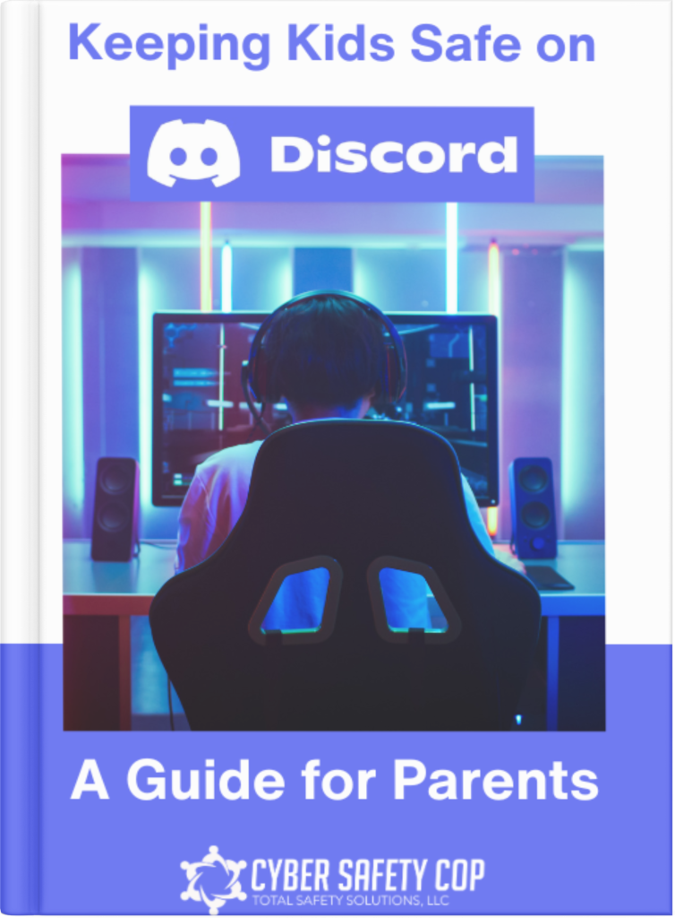 A child sits in a gaming chair facing a computer screen, with the text "Keeping Kids Safe on Discord: A Guide for Parents" and the Cyber Safety Cop logo on the cover—an essential read for cyber safety and digital security.