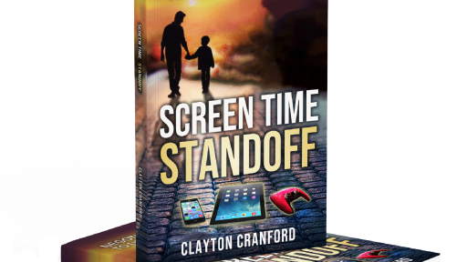 A Screen Time Book titled "Screen Time Standoff" by Clayton Cranford, featuring a cover image of an adult and child holding hands with electronic devices on the ground. Two copies of this new book are stacked beneath.