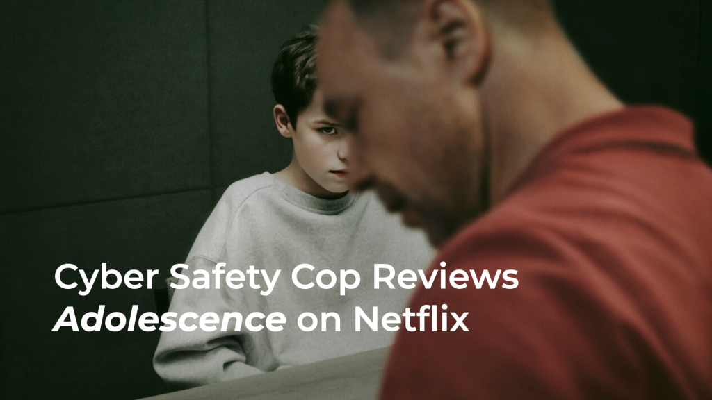 A young boy in a gray sweatshirt sits at a table, looking forward with a serious expression. An adult in a red shirt is blurred in the foreground. Text reads: "Cyber Safety Cop Reviews *Adolescence on Netflix*: A Parent's Nightmare.