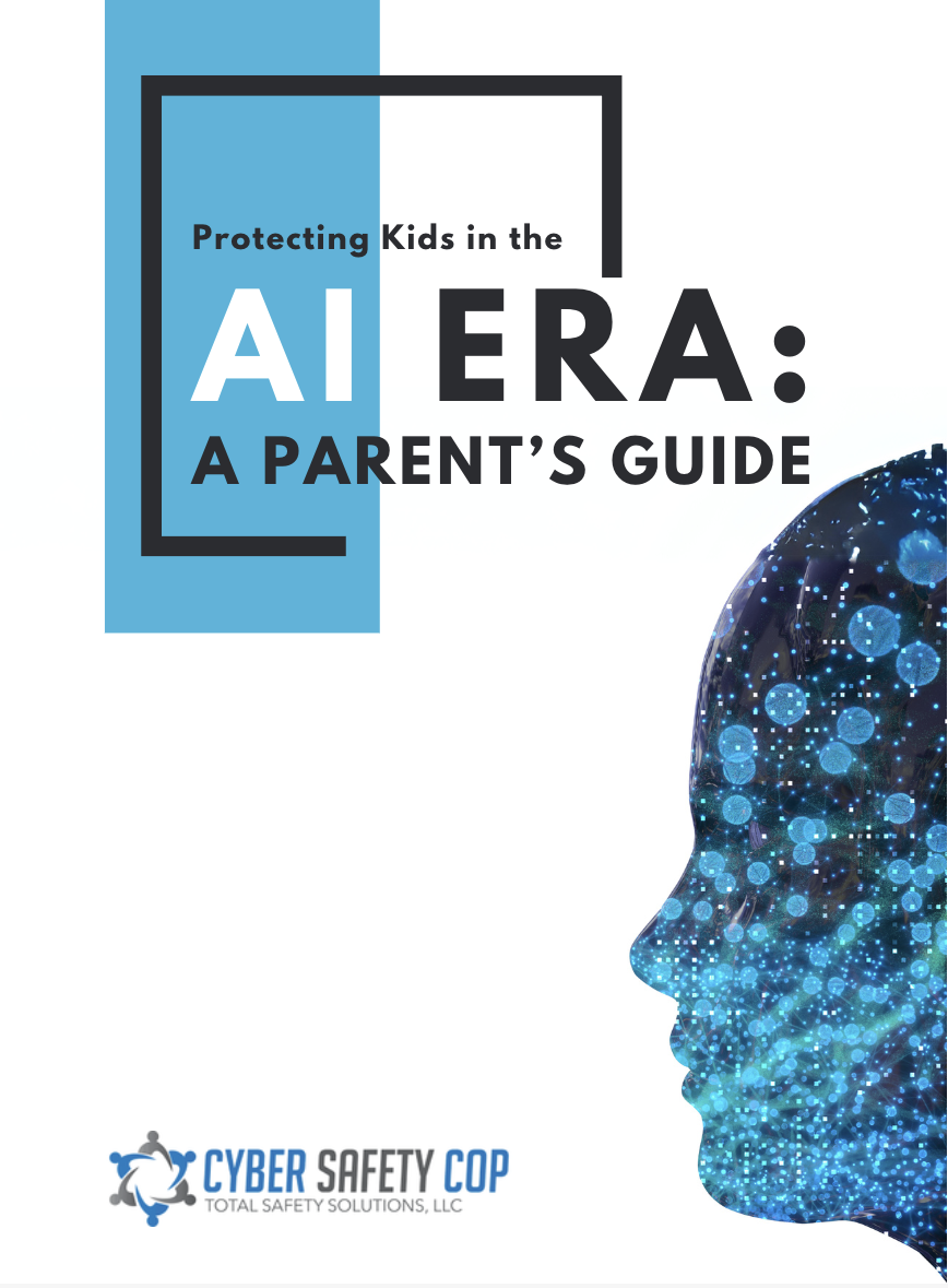 A cover page titled "Protecting Kids in the AI Era: A Parent’s Guide" featuring a digital profile of a child's head filled with blue, glowing circuits, highlighting cyber safety and digital security, with the Cyber Safety Cop logo at the bottom.