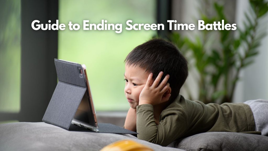 A young boy lies on a couch, looking intently at a tablet with his hands on his face. Text above reads, "Expert Guide to Ending Screen Time Battles." Bright, natural light and green plants are in the background.