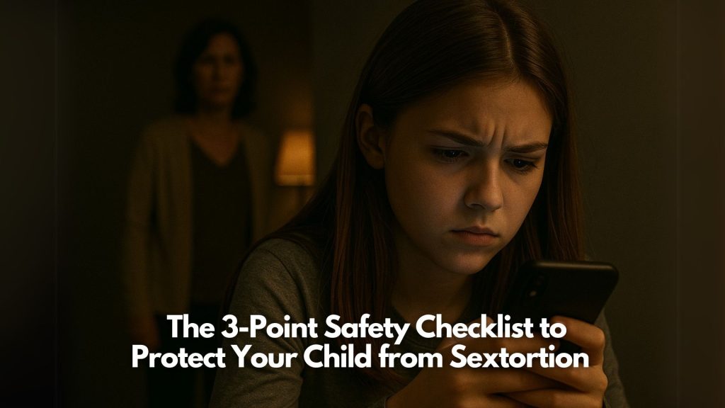 A worried young girl looks at her phone in a dimly lit room, while an adult woman stands in the background, both appearing concerned. The text reads: "The 3-Point Child Safety Checklist to Protect Your Child from Sextortion.