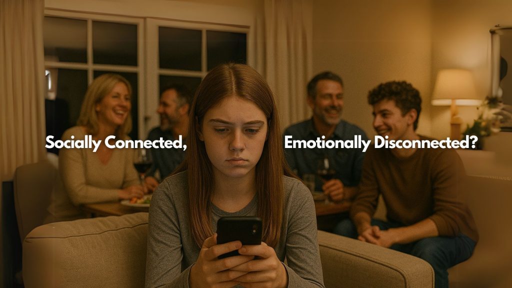 A teenage girl looks sad while using her phone, sitting apart from a group of teens and adults laughing together in the background. Text reads: "Socially Connected, Emotionally Disconnected?—cyber safety matters.