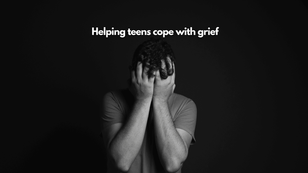 A person stands against a dark background, covering their face with their hands. Above them, the text reads "Teens grief support." The image powerfully evokes sadness and emotional struggle in grieving kids.