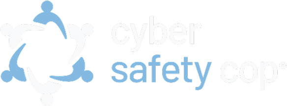 Logo for "Cyber Safety Cop" with stylized blue and white figures forming a shield shape on the left, and the words "cyber safety cop" to the right, with "safety" highlighted in blue.