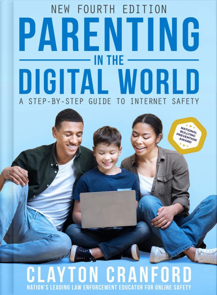 A smiling family—two adults and a child—sit together, looking at a laptop. The book cover reads, "Parenting in the Digital World: A Step-by-Step Guide to Cyber Safety" by Clayton Cranford.