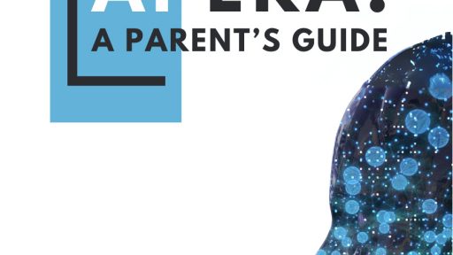 Cover of a book titled “Protecting Kids in the AI Era: A Parent’s Guide” featuring a digital illustration of a human head made of glowing blue dots and lines, highlighting cyber safety and digital security, with the Cyber Safety Cop logo at the bottom.