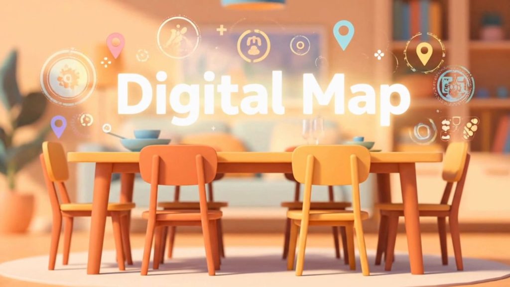 A dining table with colorful chairs in a cozy room is overlaid with the text "Digital Map," digital map icons, and symbols representing parenting and family activities, highlighting parent-child challenges as location pins and gears float above.